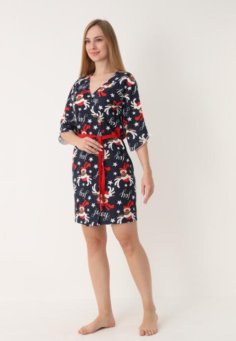 Halat dama Craciun,maneci 3/4,imprimeu reni ,culoare bleumarin ,En-gros